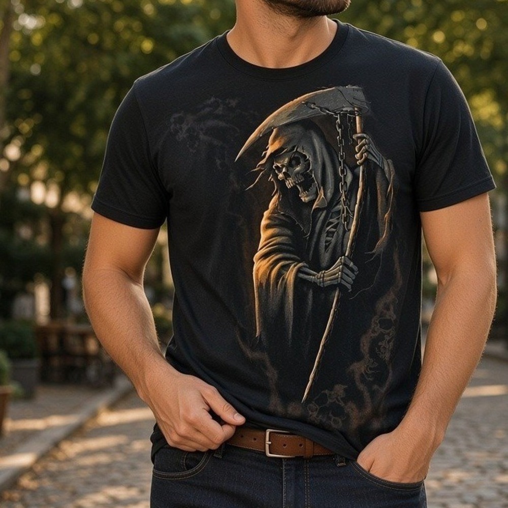 Vintage Fruit of the Loom Heavy HD Grim Reaper T Shirt L Skeleton Y2K Streetwear
